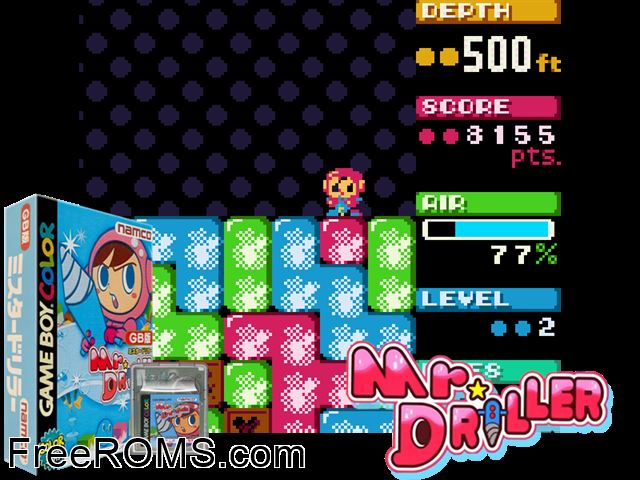 Mr. Driller (Japan)[Hi] Gameboy Color game showing 3D box cover and gameplay screenshot
